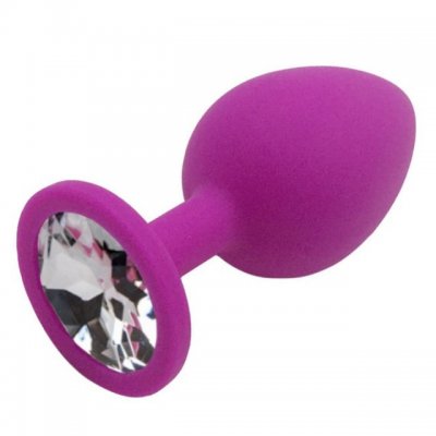 Силиконовая анальная пробка пурпурная L с прозрачным камушком