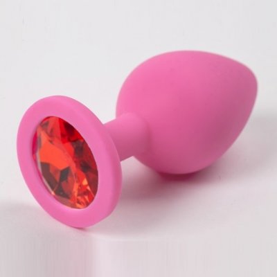 Силиконовая анальная пробка M розовая с красным камнем