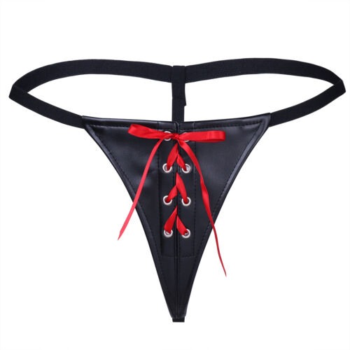 Черные виниловые стринги со шнуровкой