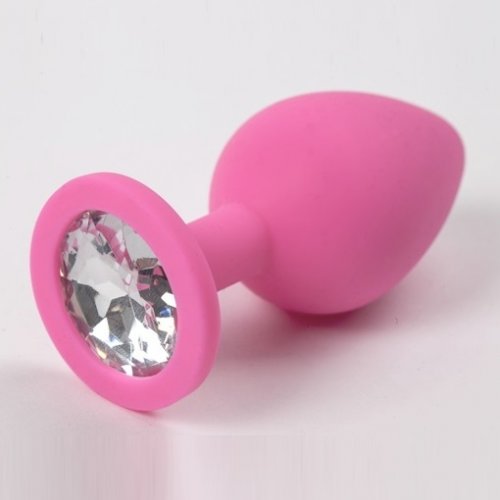 Силиконовая анальная пробка с прозрачным камнем S розовая