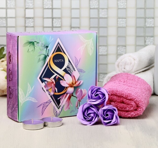 Подарочный набор Shine Bright, мыльные розы 3 шт., 2 свечи, полотенце