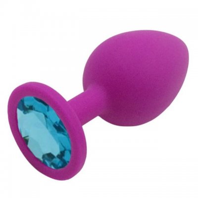 Силиконовая анальная пробка M пурпурная с голубым камушком