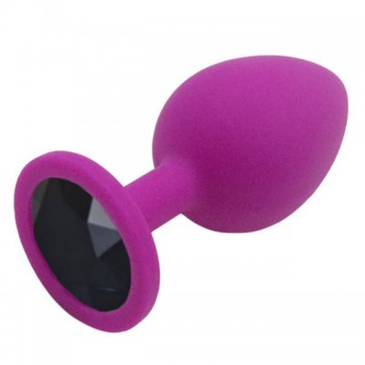Силиконовая анальная пробка пурпурная L с черным камушком