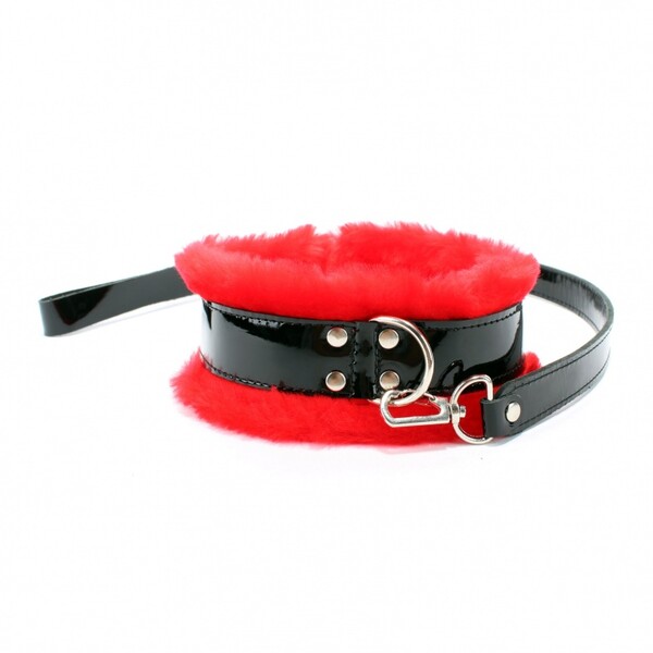 Ошейник с поводком с красным мехом