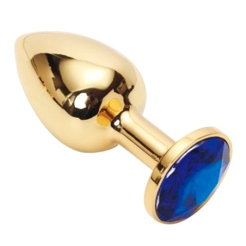 Золотистая анальная пробка с синим камушком S