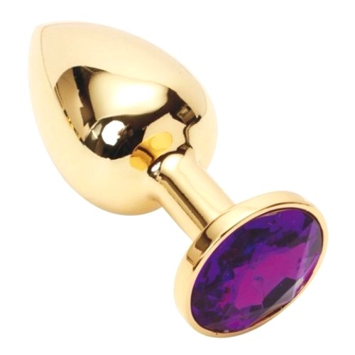 Золотистая анальная пробка с фиолетовым камушком S