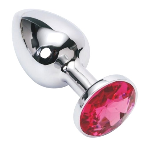 Металлическая анальная пробка с камушком цвета фуксия M