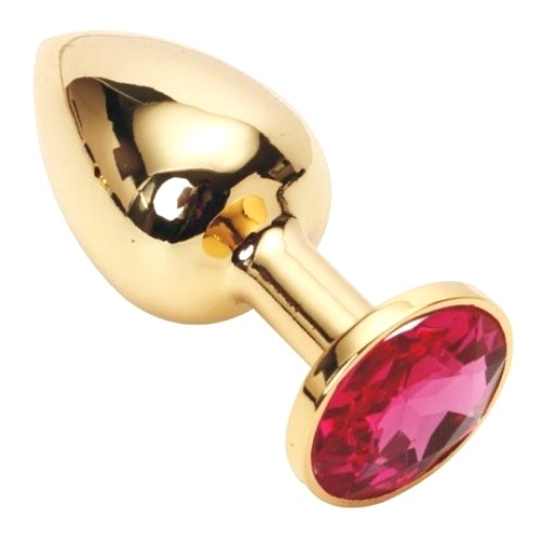 Золотистая анальная пробка с камушком цвета фуксии S