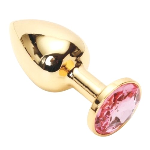 Золотистая анальная пробка с розовым камушком S