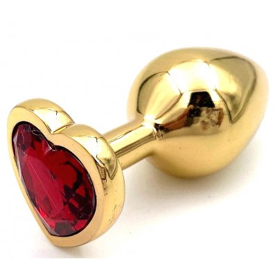 Золотистая анальная пробка с красным камушком в виде сердечка M
