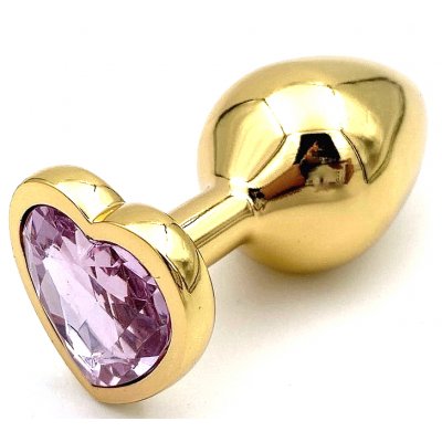 Золотистая анальная пробка с розовым камушком в виде сердечка S