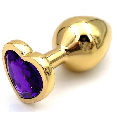 Золотистая анальная пробка с фиолетовым камушком в виде сердечка S